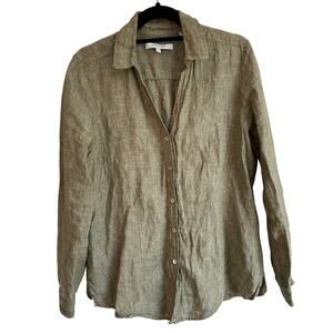 Foxcroft 100% Linen Sz 12 / XL Olive Sage Green Button Down Shirt Women's Blouse